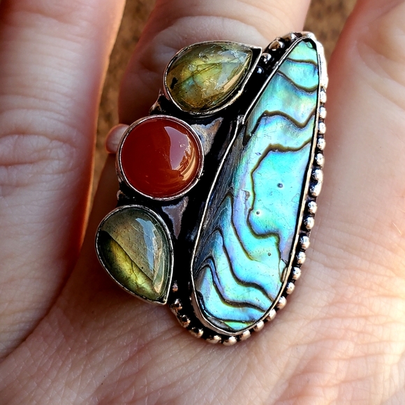 New Abalone Shell, Carnelian & Labradorite 925 Silver Ring. - Picture 4 of 16